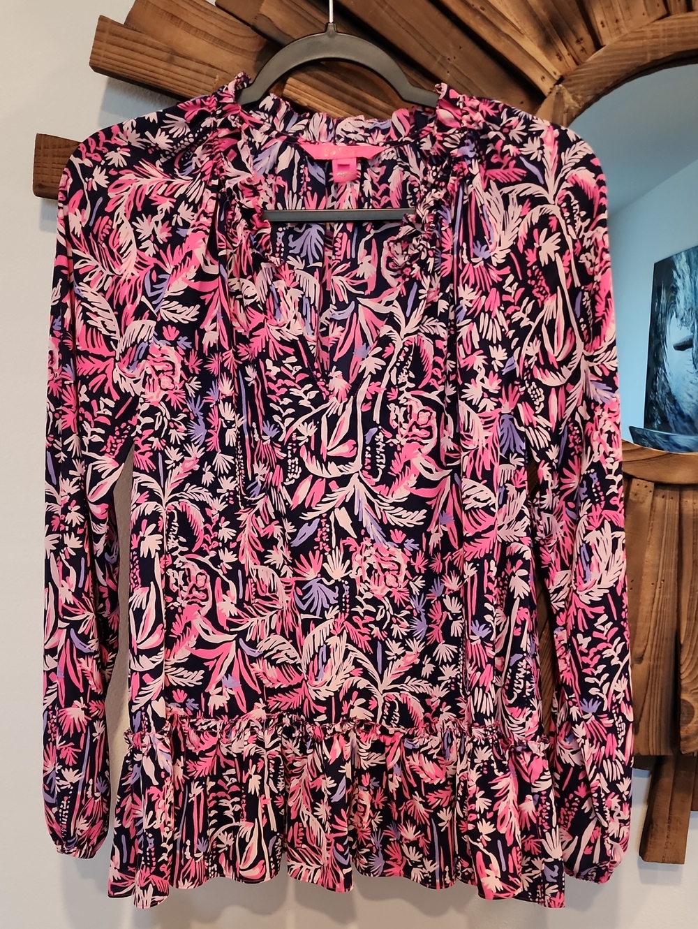 Lilly Pulitzer Navy Pink Floral Ruffle Peplum Blouse Size Small